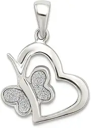 [JewelryWeb] 15.6mm 925 Sterling Silver Polished Glitter Enamel Love Heart With Butterfly Angel Wings Pendant Necklace-Pendant for Women
