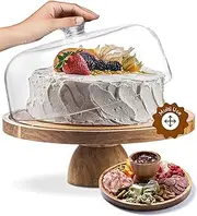 Homesphere Acacia Wood Cake Stand with Lid - 12in Round Cake Holder, 2-in-1 Dessert Table Display Set & Charcuterie Board for Cheese, Chips & Dips, Nachos, Fruit Platter, Large Acrylic Cake Dome Cover