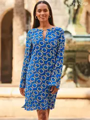Sosandar Blue Chain Print Gold Bar Tab Fluted Cuff Tunic (C70157) | $173
