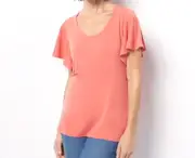 Susan Graver Liquid Knit Top with Short Flutter Sleeves - RADIANT CORAL, XS
