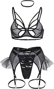 [Generic] Submissive Lingerie Leather Womens Sexy Cosplay Lingerie Set Lace Outfit Bra and Pantie Nightie with Choker Garter Lingerie for Women Sheer Matching 4 Piece Lingerie Set Sex Sexy Lingerie Costumes