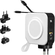 Universal 6 in 1 Portable Wireless Charger | FREE Travel Case Included | Universal Travel Charger | Fast Charging | MagSafe Compatible Power Bank | Includes International Snap On Adapters (Snow White)