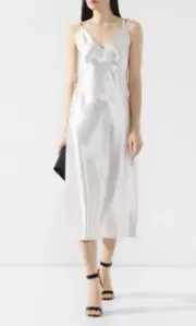 Vince V-Neck Bias Cut Spaghetti Strap Silky Midi Slip Dress Silver Size S $295