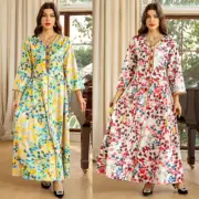 Dubai Women Muslim Maxi Dress Evening Kaftan Long Robes Floral Print Caftan Gown