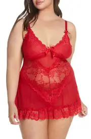 Oh La La Cheri Valentine Soft Cup Babydoll Chemise & G-String Thong in Red at Nordstrom, Size 1X