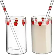 MUCKLILY 2Sets Strawberry Print Milk Cups with Straw Clear Compact Drinking Glasses for Juice and Beverages Indoor Supply for Home Use