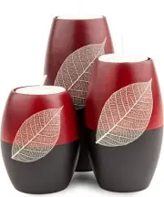 Set of 3 Matte Wooden Candle Holders Decor with Dry Leaf Red & Black Rugby Shape