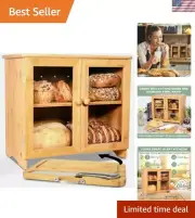 Extra Large Bamboo Bread Box with Cutting Board & Knife - Rustic Kitchen Storage