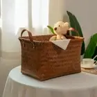 Brown Laundry Basket Square Hand Woven Storage Basket Laundry Hamper Shelves