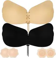 [XEOOCE] Stick on Bra, 2 Pack Strapless Backless Bra for Women, Reusable Strapless Push Up Bra with Drawstring, Skin-Friendly Adhesive Invisible Bras with for Wedding, Party, Daily Wear