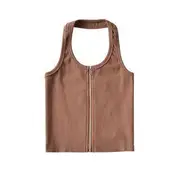 Halter Zip-Up Open Back Ribbed Plain Crop Top Khaki - M