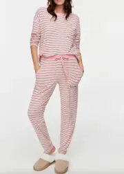 NEW PETER ALEXANDER CHOC PINK VANILLA STRIPE TOP & PANTS PLUSH PJ SET M $149.90