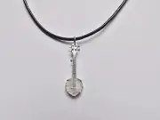 Banjo Charm Necklace silver pendant black leather cord 18" USA-made pewter