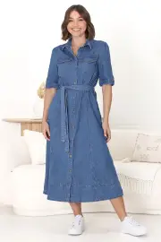 Candice Denim Midi Dress - Short Sleeve Button-Down Dress with Belt in Medium Denim