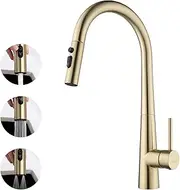 Decaura Lead-Free Pull Down Kitchen Mixer Taps High-arc 3-Mode Metal Pull-Out Sprayer Laundry Mixer Tap 360° Swivel Sink Faucet (Brushed Gold)