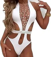 [HHZY] Women's Sexy Halter Deep V-Neck Hollow Out Mesh Insert Sexy One Piece Swimsuit Rhinestone Crystal Diamond Cutout Lace Up Monokini Bathing Suit,White,S