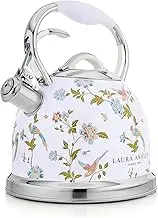 VQ Laura Ashley Elveden White 2.5L Stovetop Kettle. Stainless Steel Whistling Stove Top Kettle. Tea Kettle for Gas, Induction Hob & Others. Silicon Coated Cool Handle, Push Button Mechanism Teapot