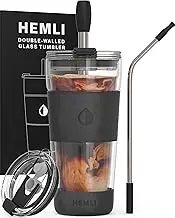 19 oz. Black Modern Double Wall Glass Tumbler, Travel Mug with Lid, Straws, and Brush, Reusable Glass Coffee Tumbler for Hot and Cold Drinks