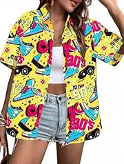 [MYHALF] 80s 90s Outfits for Women Retro Disco Party Shirts 80s Hawaiian Shirt 90s Neon Button Down Short Sleeve Blouse Tops