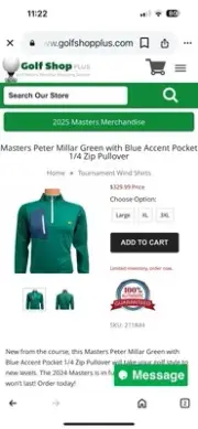 2025 Masters by Peter Millar XL Green 1/4 Quarter Zip Golf Pullover Augusta NEW