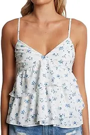 [Awoscut] Women Floral Camisoles Tops Sexy V Neck Backless Ruffle Hem Going Out Tops Cute Summer Y2k Teen Girls Camis