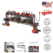 Surge-Protected Garage Tool Organizer with 2 Layer Shelf & 4 Drill Charging Rack