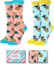 [sockfun] Women Teeth Dental Pineapple Library Card Chicken Bee Socks, Dentist Fruit Reading Animal Lover Gifts In 2 Pack