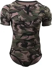 [CutiePlusU] Men's Short Sleeve Onesie Cotton Button Crotch Bodysuits Adult Snaps Crotch Pyjamas, camouflage, 4X-Large