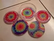 NEW Set of 4 Four TIE DYE Coasters Pattern Colorful Hippie Coasters + Holder