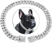 Dog Chain Collar Diamond Link Dog Collar 13mm Wide Dog Necklace Metal Cat Chain Pet Crystal Collar Jewelry Accessories for Small Medium Large Dogs Cats (Silvery, 40cm)