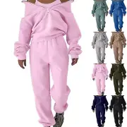 Two Piece Women Fleece Outfits Solid Half Zip Sweatshirt Top Sports Jogger Pants