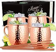 Vezato Moscow Mule Cups [500ml] - Hammered Copper Cups with Straws - Handmade Moscow Mule Set [4 Pieces] - Rustproof Copper Mugs for Moscow Mule