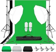 MSKIRA Softbox Lighting Kit 2x135W Dimmable LED Continuous Light Photo Studio Equipment+Adjustable 2M x 3M Photography Backdrop Stand Kit with 2x3M White Black Green Screen Backdrop+4 Clamps+Carry Bag