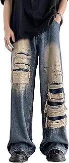 [Zylphorix] Men's Patch Ripped Straight Jeans Mid Rise Vintage Comfortable Denim Pants Autumn Classic Trendy Baggy Trousers, Blue, Medium