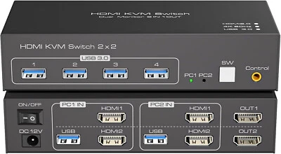 HDMI KVM Switch 2 Monitors 2 Computers 4K60Hz Dual Monitor