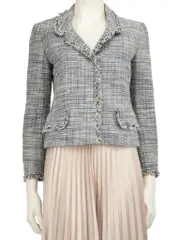 Blue Tweed Fringe Trim Blazer