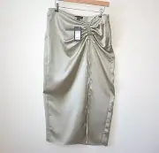 Ex New Look Pale Green Drawstring High Front Split Satin Midi Skirt Size 6-22