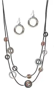 Burnished Metal Multi Mix Ring on Multi Layer Cord Necklace and Earrings Set