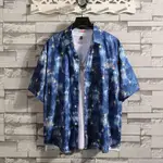 M-XXL 夏季 OOTD 男士時尚夏威夷襯衫日式星空設計休閒沙灘花襯衫 SONGKRAN 短袖領上衣復古度假服藍色