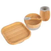 4pc Tiny Dining Grey Square Bamboo Baby Feeding Set Weaning Plate Bowl Spoon