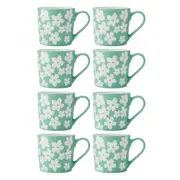 8PK Mikasa 360ml Wax Resist Green Flower Coffee Mug Cup Clay Drinkware Blue