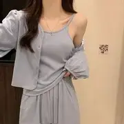 Pajama Set: Plain Camisole Top + Light Jacket + Pants Set - 838 - Plain - Blue - M