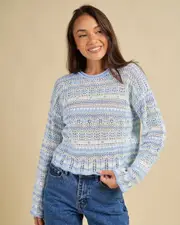 [Mooloola] Mooloola Women's Dream Catcher Crochet Sweater in Light Blue Size Small S Light Blue