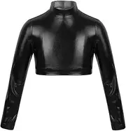 [RUNQHUI] Kids Girls Shiny Metallic Dance Crop Top Long Sleeve Hippop Street Dancewear Athletic Gymnastics Sports Leotard