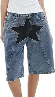 [CUTEGAL] Denim Shorts Jorts Unisex Jorts Y2K Baggy Jorts Star Jorts Mid Rise Stretchy Patchwork Jeans Shorts