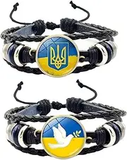[ZENRUIMING] 2 Pcs Ukrainian Flag Coat of Arms Leather Bracelet, Vintage Multi-Layered Wrapped Handmade Beaded Bracelet, Peaceful Ukrainian Patriot's Day Activity Supplies, Adjustable, Leather, no