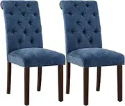 Tufted Dining Chairs Set of 2, Upholstered Parsons Dining Room Chairs, Fabric Kitchen Side Chair with Wood Legs, Blue