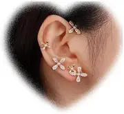 [W WEILIRIAN] Boho Crystal Flower Climber Earrings Flower Cuffs Packs Earrings Vintage Flower Cartilage Cuffs Earrings Gold Flower Ear Cuffs Earrings Jewellery for Girls, Das tatsächliche Objekt hat