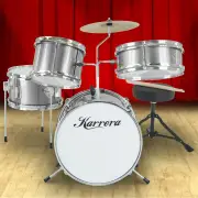 Karrera Childrens 4 Piece Drum Kit Set Wooden 2 Toms Bass Snare Stool - Metallic Silver