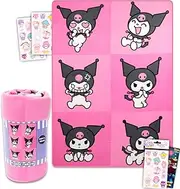 Hello Sanrio Kuromi Blanket Bundle - Kuromi Blanket Throw Bundle with Hello Kitty Stickers and More for Kids Toddlers Children (Hello Kitty Fleece Blanket) 45” x 60”
